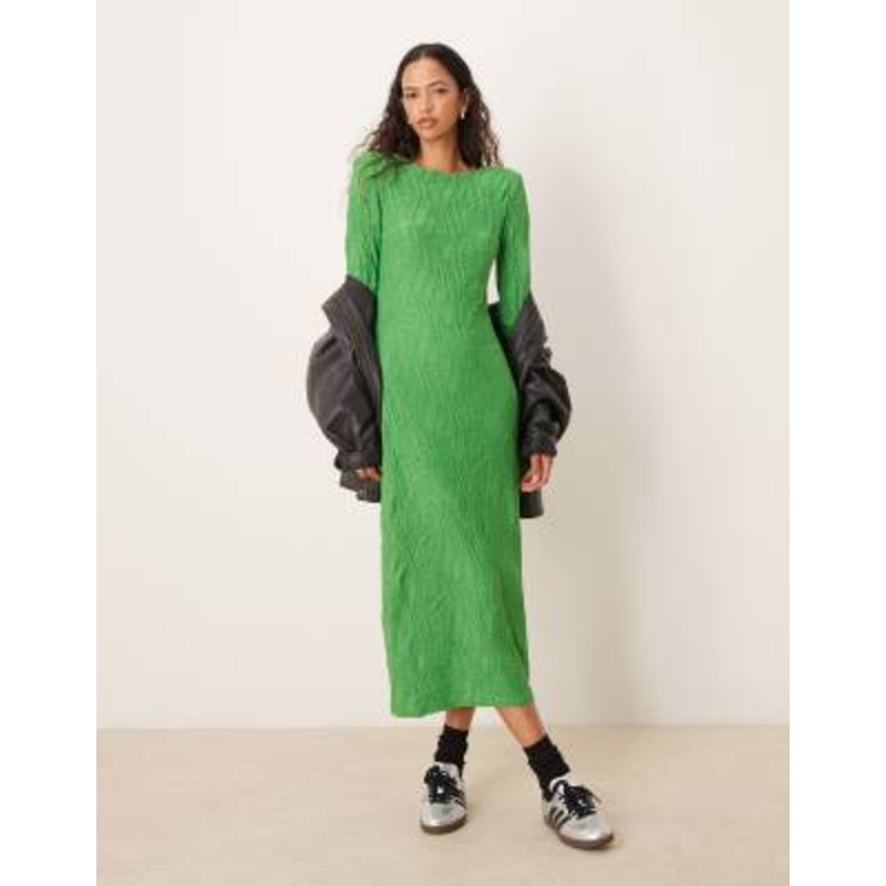 YAS long sleeve textured maxi dress in green