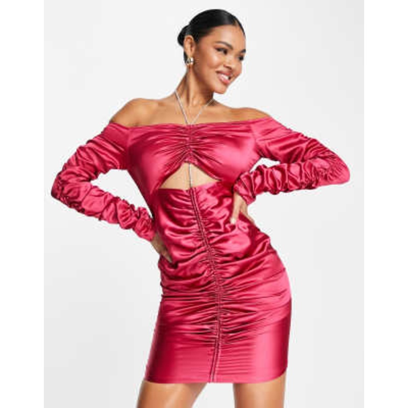 Amy Lynn off the shoulder satin ruched dress with cut out in hot pink