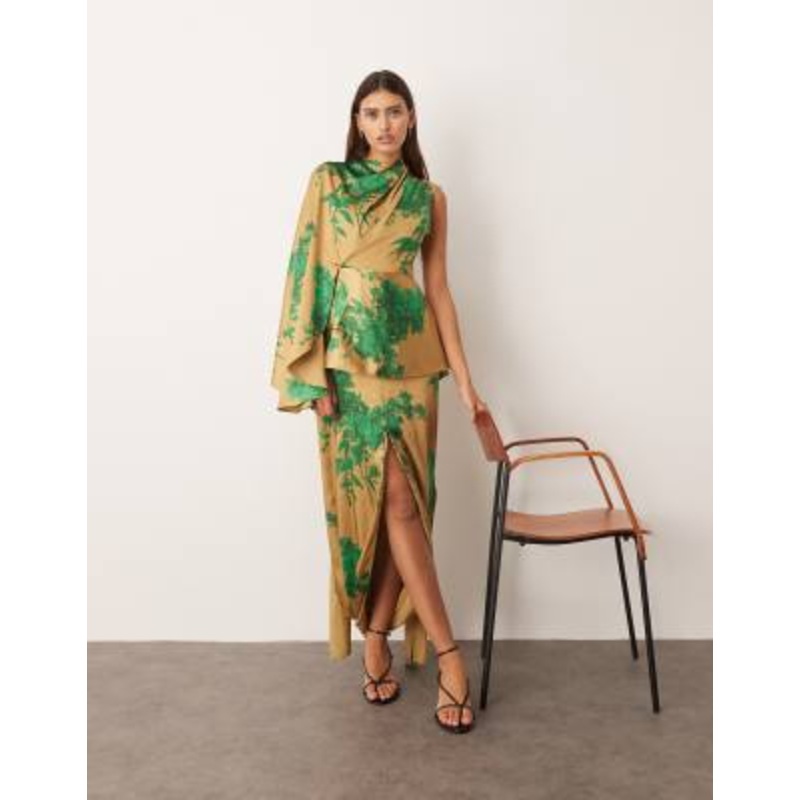ARRANGE asymmetric cape sleeve drape panel midi dress in floral print