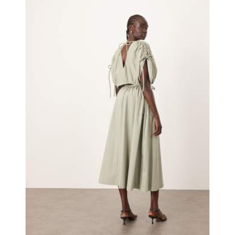 ARRANGE plunge top with ruched detail and drop waist skirt in sage