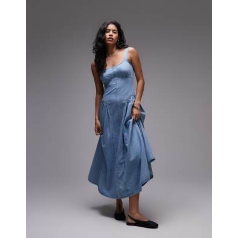 Topshop denim dropped waist seamed midi dress in bleach