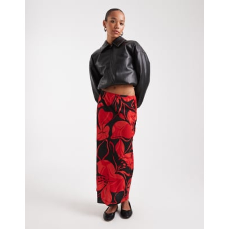 Wednesday’s Girl bold bloom bias cut midaxi skirt in red