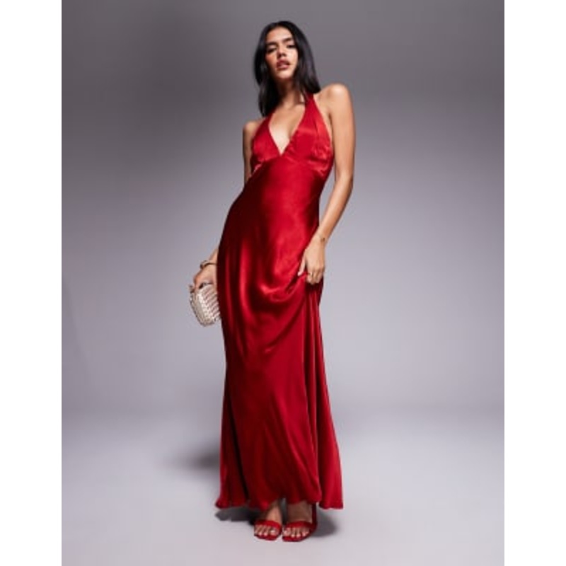 Bardot Magdalene satin halter dress in deep red