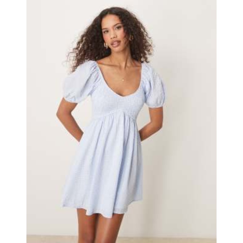 Kiss The Sky babydoll shirred mini dress in blue and white