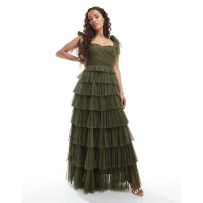 Lace & Beads Petite Bridesmaid bow shoulders tulle maxi dress in deep olive