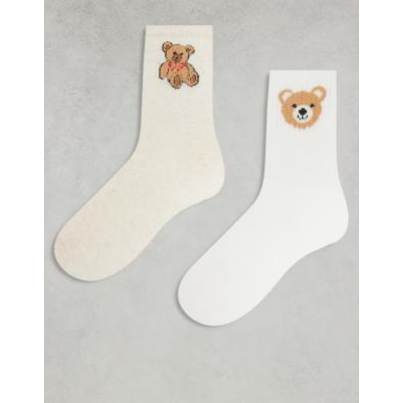 ONLY 2-pack teddy bear embroidery socks in white and stone