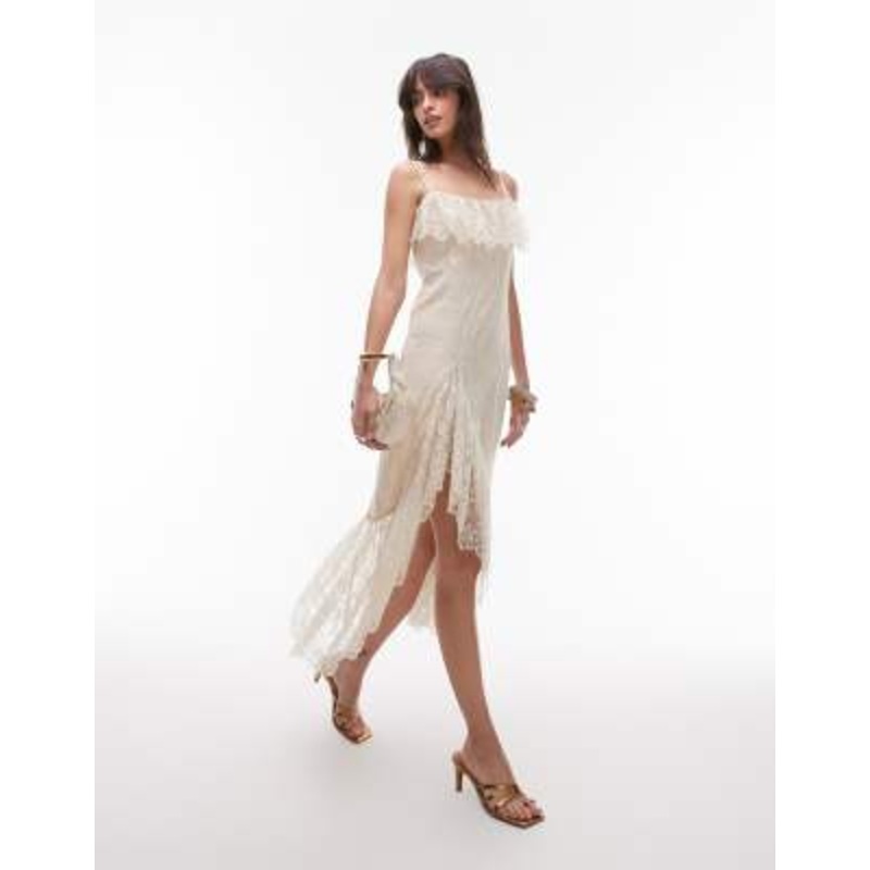 & Other Stories lace midaxi slip dress with sheer asymmetric tiered ruffle detail in vintage cream