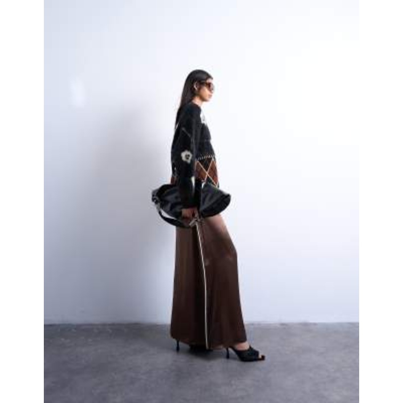 Topshop satin bias cut maxi skirt with piping in chocolate