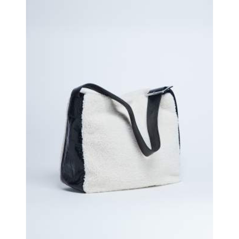 Topshop Tish shearling tote bag with contrast strap in cream & black