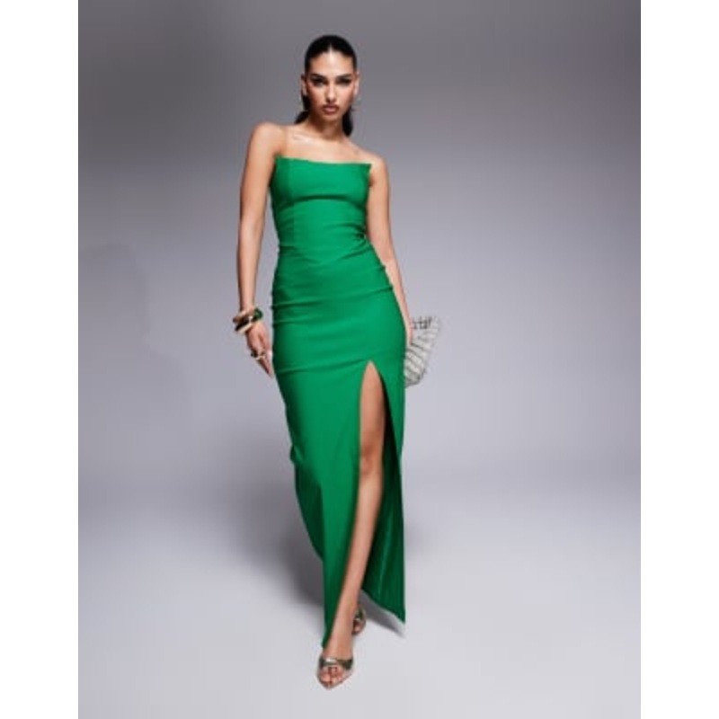 Vesper bengaline bandeau square edge side split midaxi dress in emerald