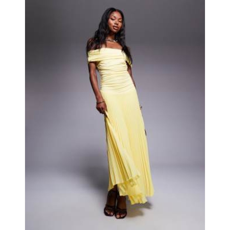 Aria Cove bardot drop ruched waist pleated maxi dress in yellow