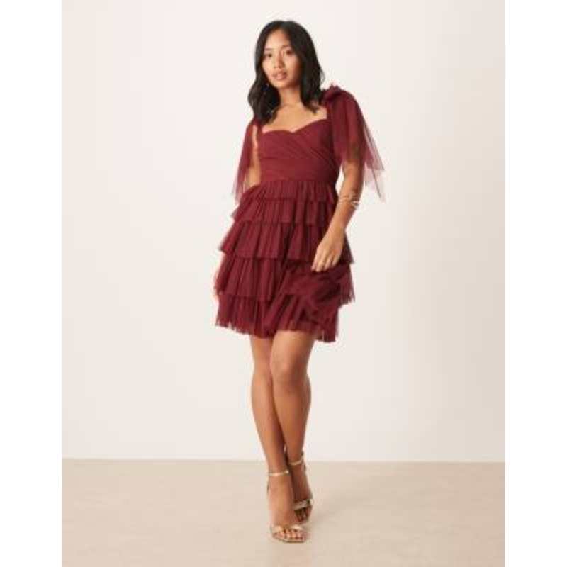 Lace & Beads Petite bow shoulder tulle ruffle mini dress in burgundy