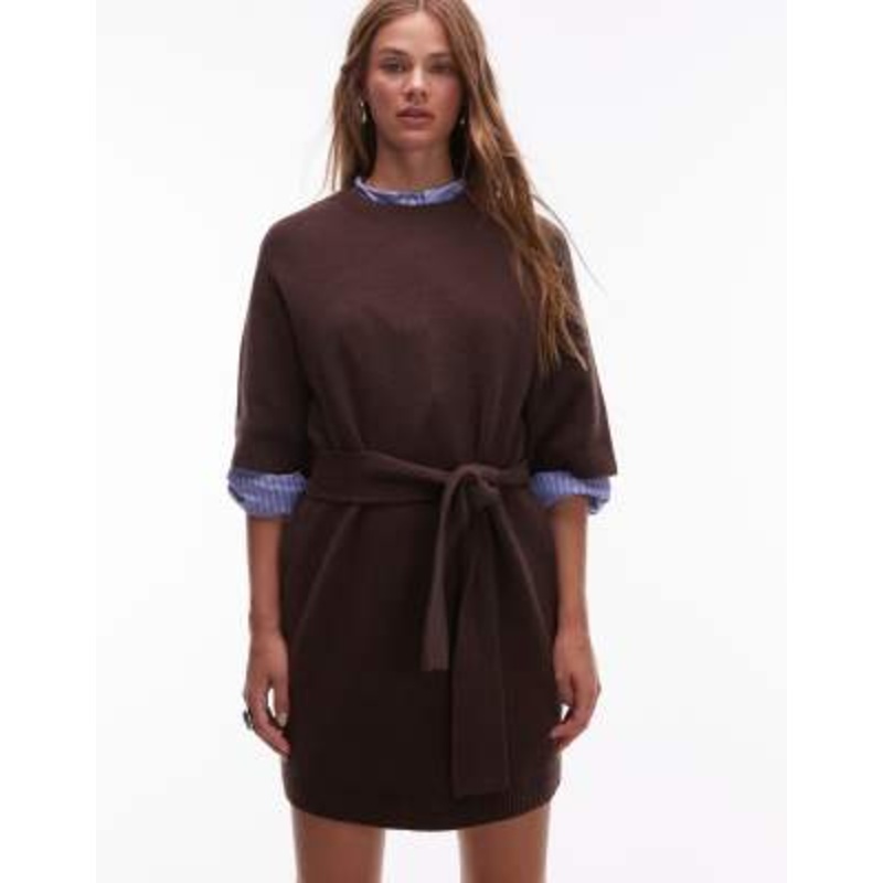& Other Stories knit belted mini dress with wide sleeves in brown