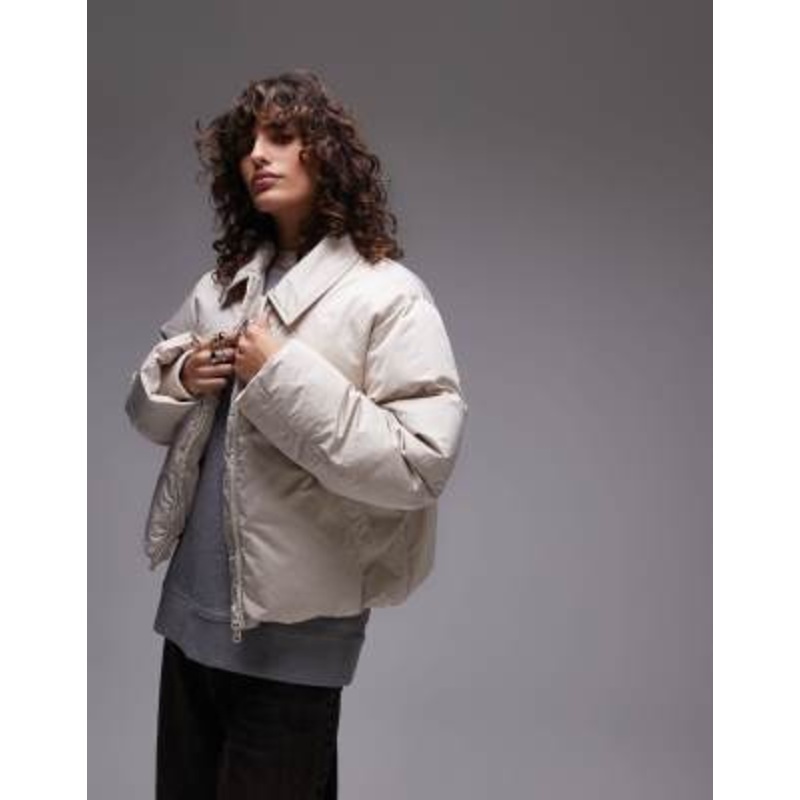 Topshop collar cropped puffer jacket in stone