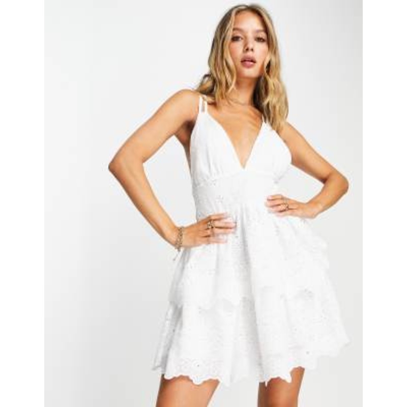 Topshop strappy babydoll tiered broderie mini dress in ivory