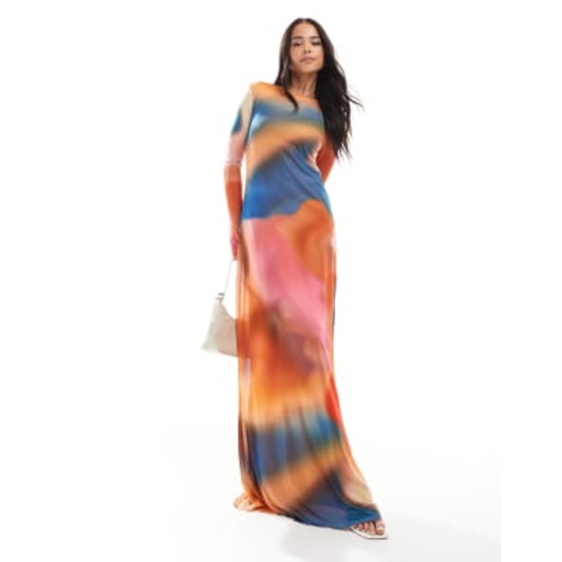 Vero Moda long sleeved mesh maxi dress in sunset blue abstract