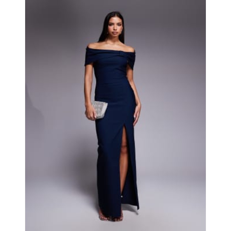 Vesper bengaline deep bardot cinch detail side slit maxi dress in navy