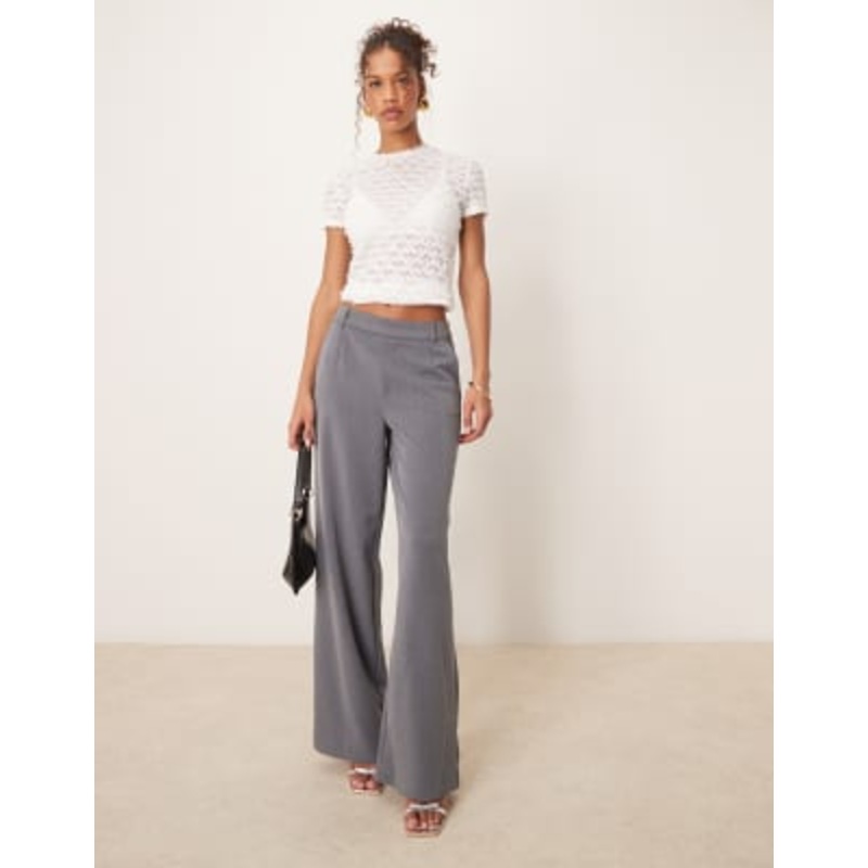 VILA mix & match high waist wide leg pants in medium gray melange