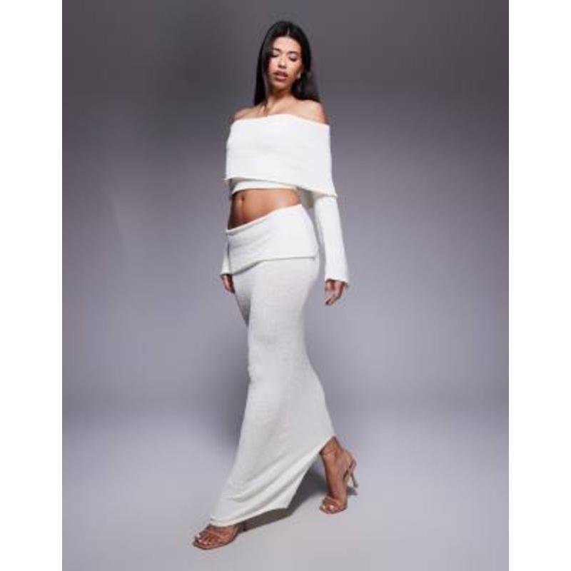Wanderdoll Yasmin boucle knit dramatic foldover maxi skirt in cream – part of a set