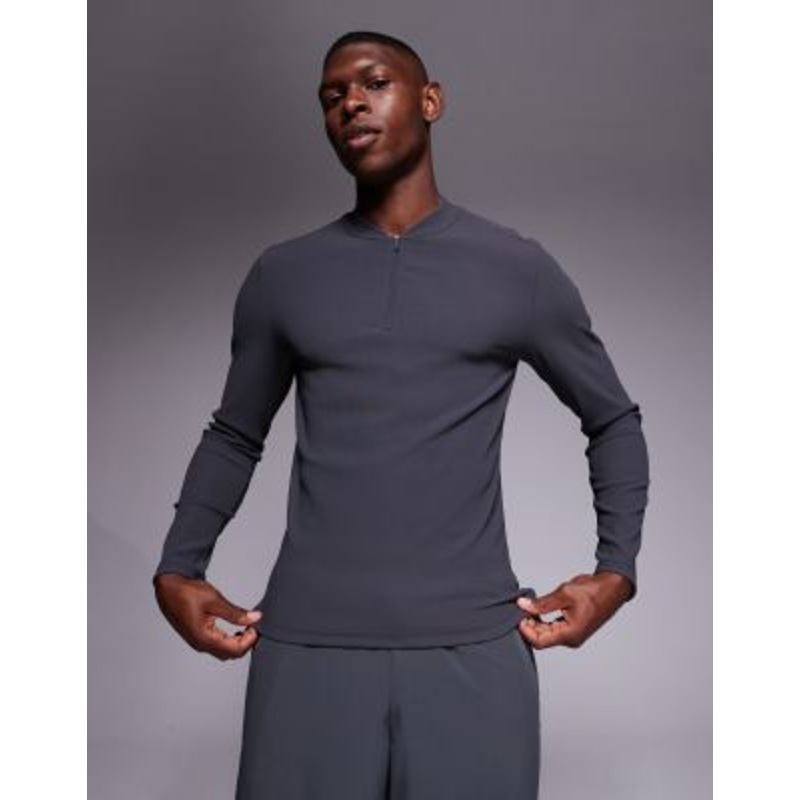 4505 active rib slim fit long sleeve zip up running top in charcoal