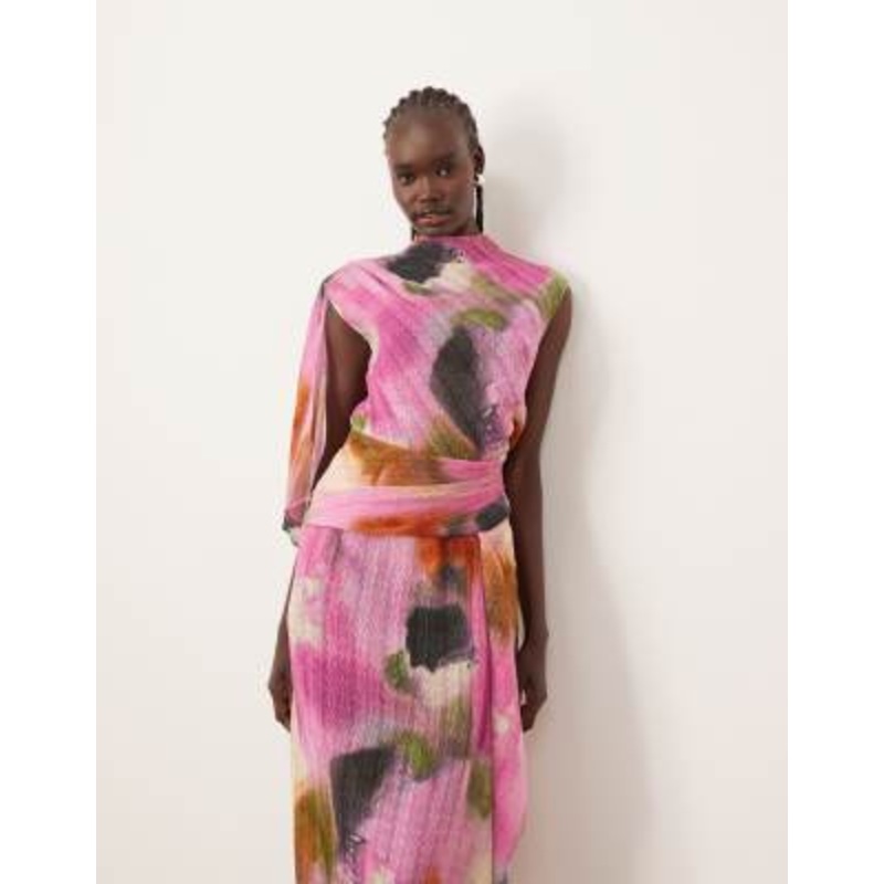 ARRANGE plisse high neck drape detail sheer midi dress in watercolor print