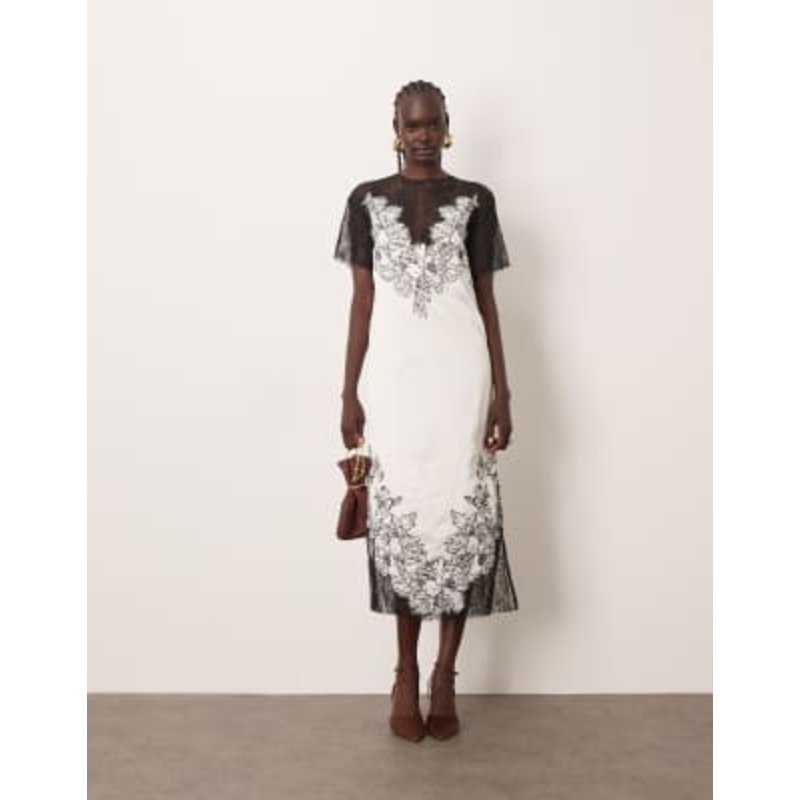 ARRANGE satin lace applique embroidered column midi dress in ivory