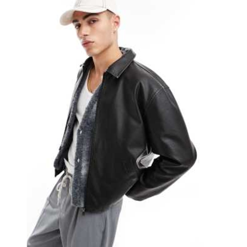 Cotton On faux leather harrington jacket in vintage black