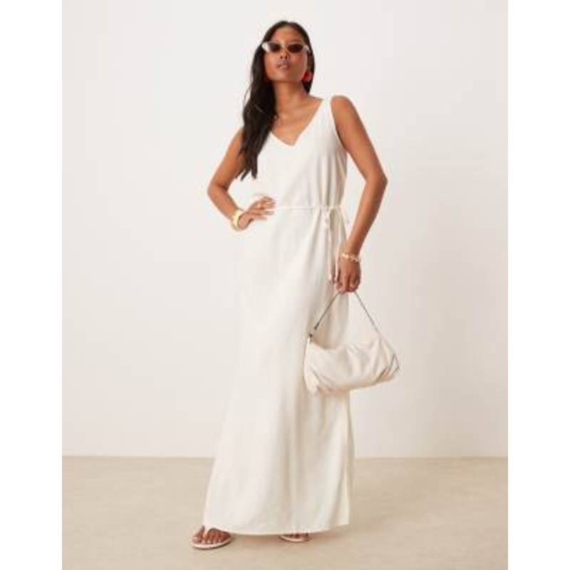 JDY Petite linen mix tie maxi dress in white