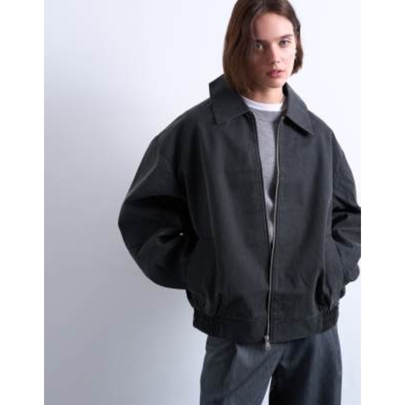 Topshop faux suede super oversized quilted lined bomber jacket with patch pockets in washed black