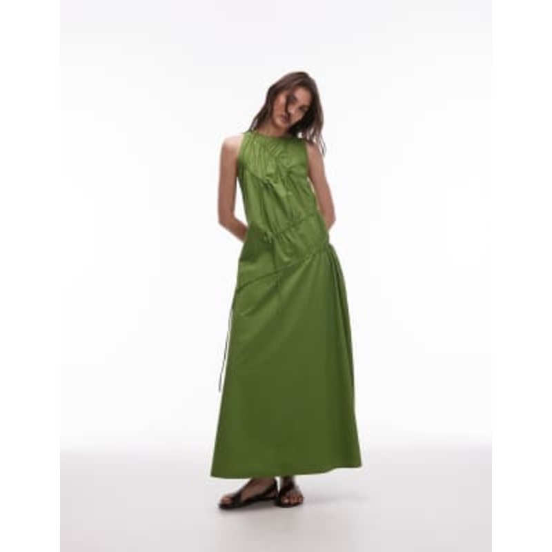 Topshop poplin ruched channel midi dress in green