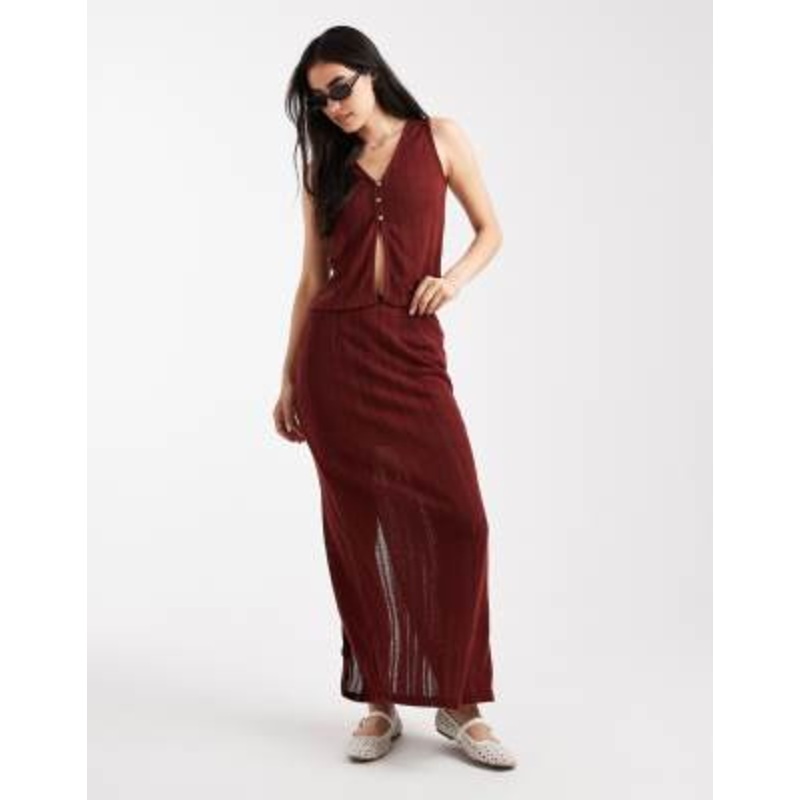 Vero Moda self stripe knit sleeveless top and skirt set in burgundy