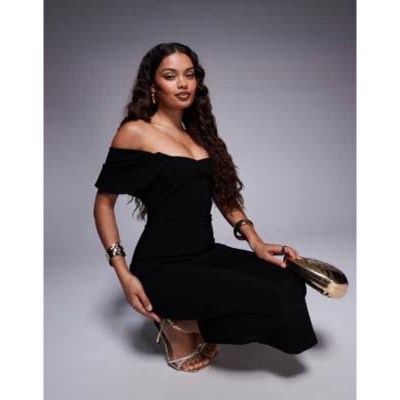 Vesper Petite bengaline off the shoulder draped sleeve details midaxi dress in black