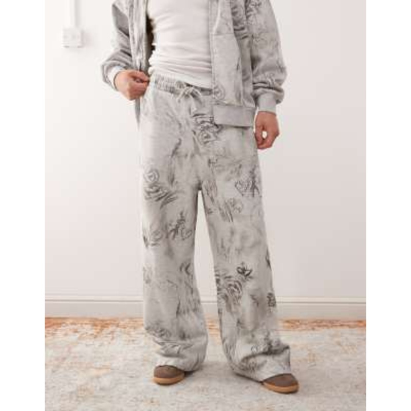 Weekday wide leg sweatpants with scribble graphic print in heather gray – part of a set