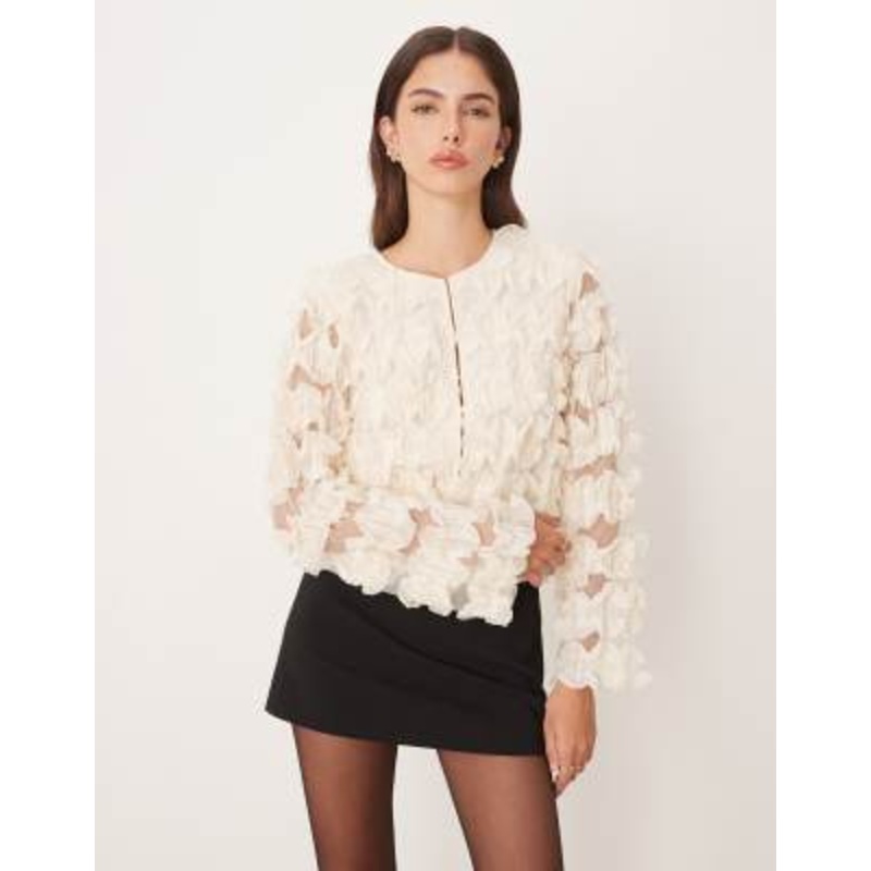 YAS ruffle textured long sleeve top in cream