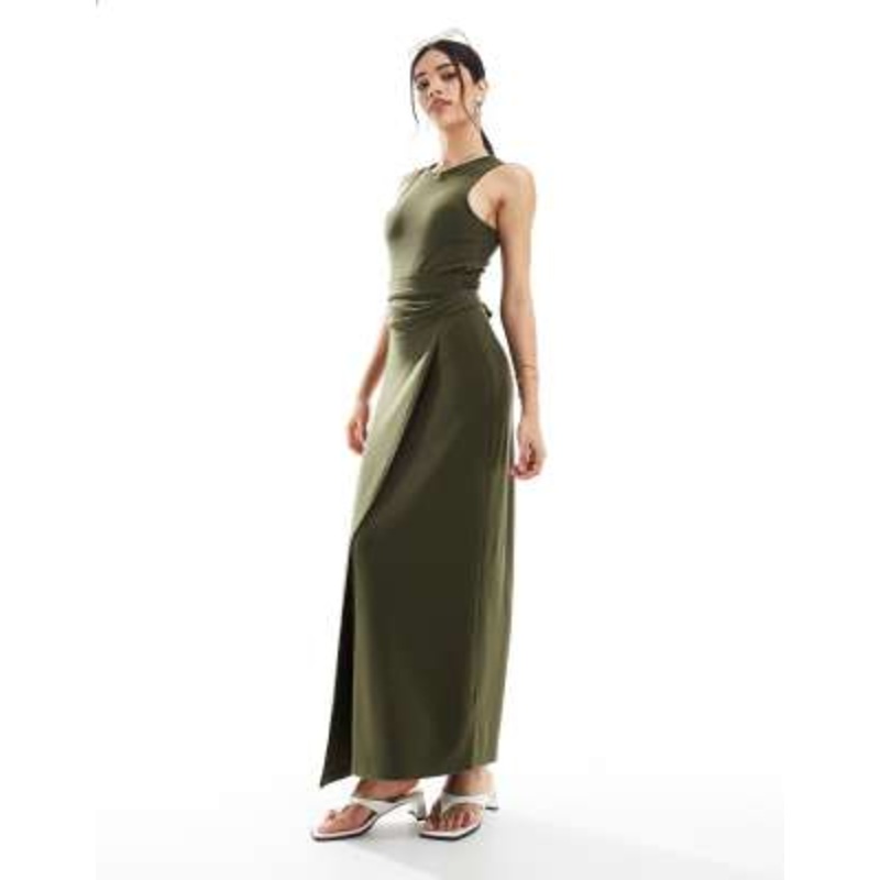4th & Reckless sleeveless drape tie side maxi dress in olive
