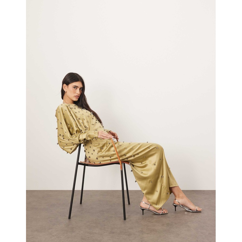 ARRANGE embellished ball bearing strong shoulder open back maxi dress in green