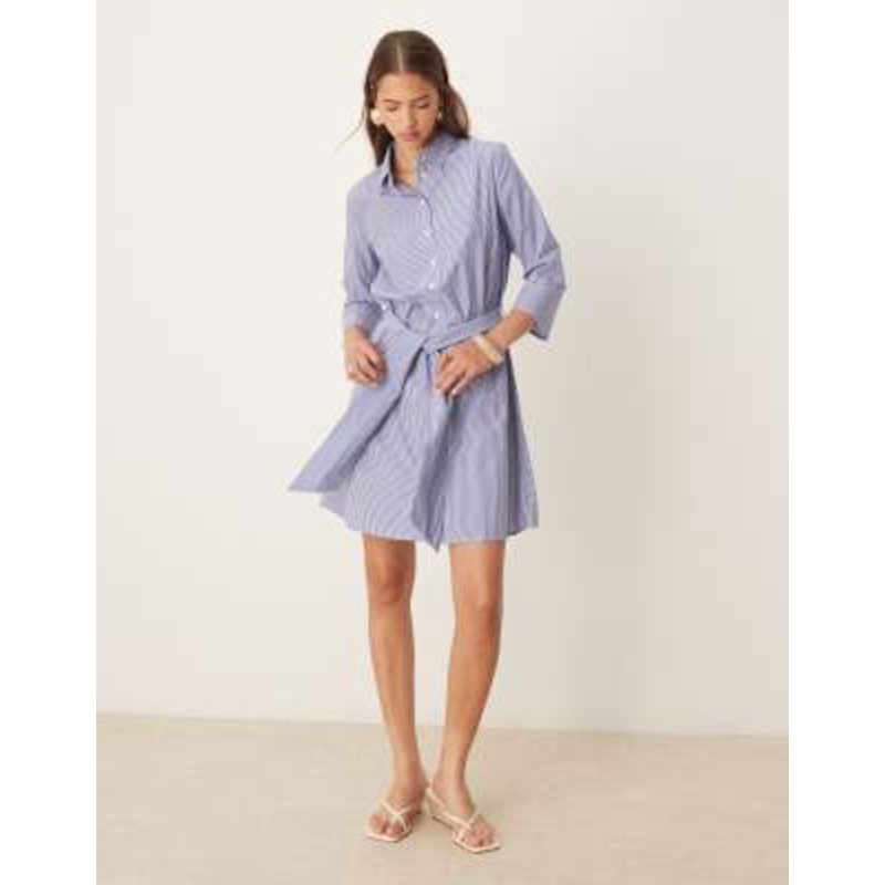 JDY tie waist shirt dress in white & blue pinstripes