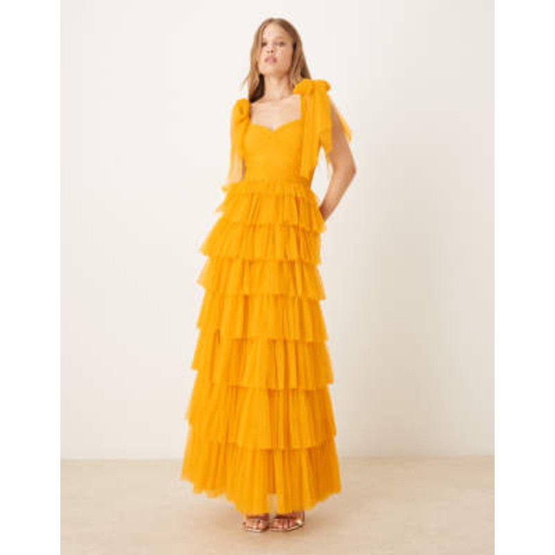Lace & Beads bow shoulders tulle maxi dress in butterscotch