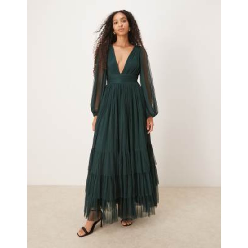 Lace & Beads Bridesmaid Madison long sleeve maxi dress in dark green