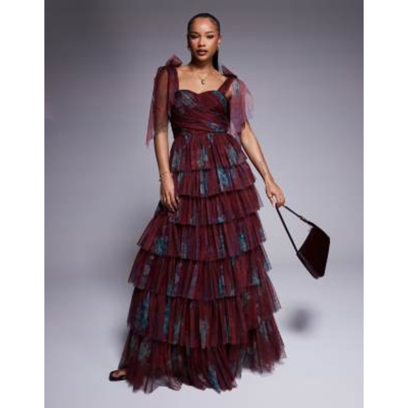 Lace & Beads Petite tiered ruffle midaxi dress in burgundy floral