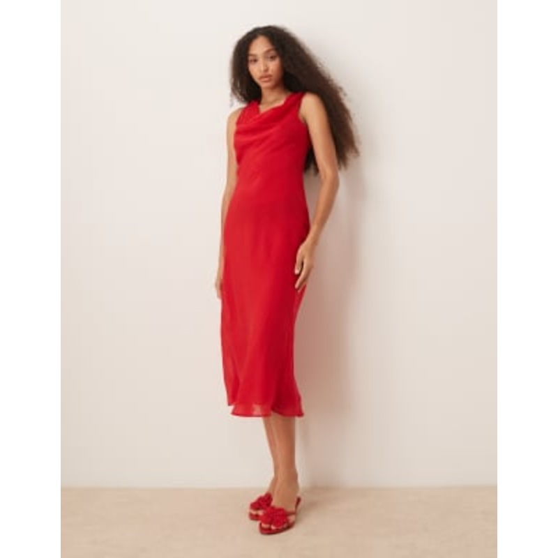 Mango cowl neck satin midi dress in red