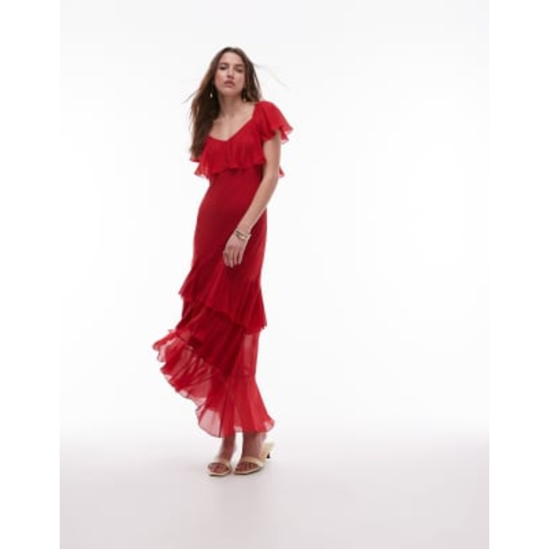 & Other Stories asymmetric midaxi dress with tiered ruffles in red