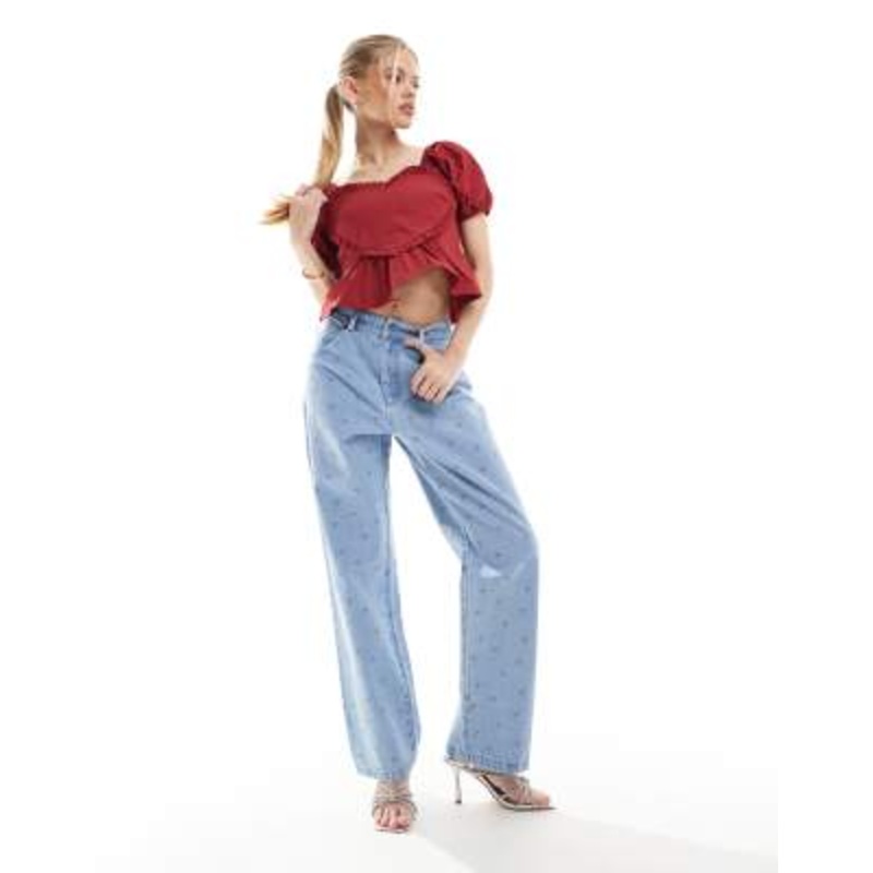 The Frolic puff sleeve heart detail peplum top and embroidered bow jeans set in blue