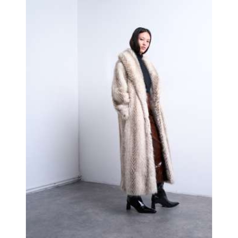 Topshop faux fur shawl longline coat in white stripes