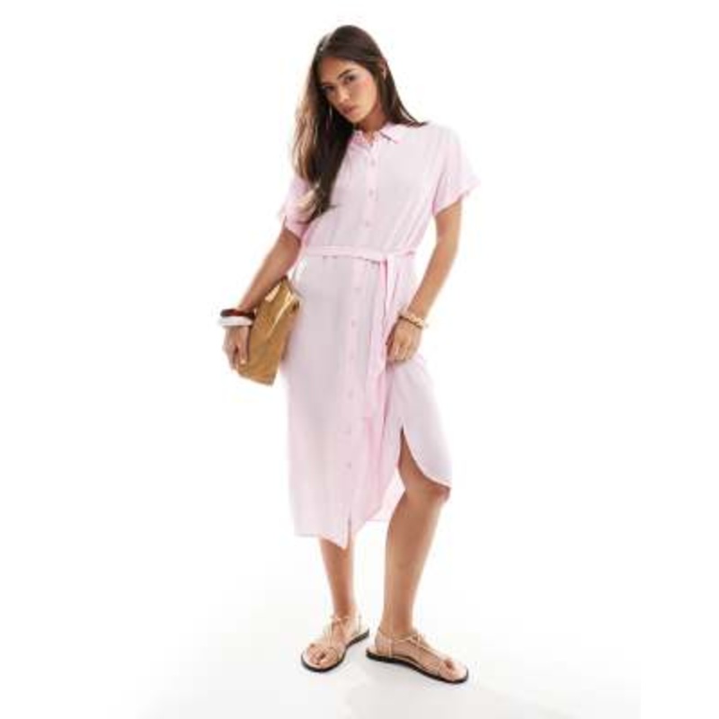 Vero Moda midi shirt dress with tie belt in pink