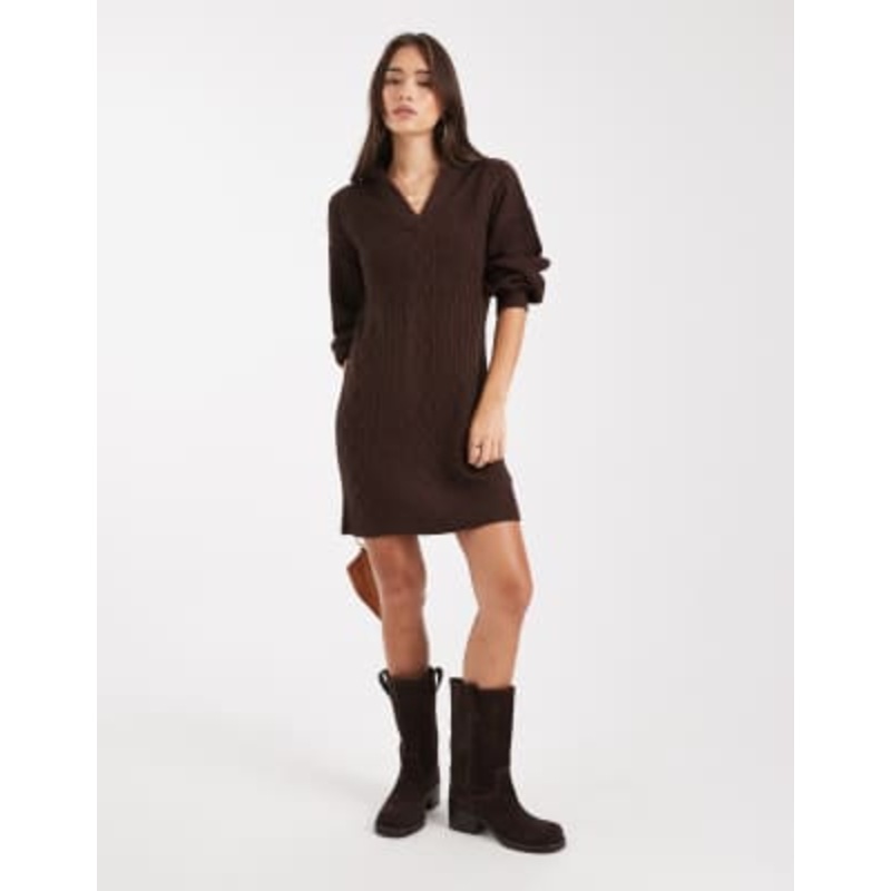 Wednesday’s Girl v-neck collared sweater dress in dark brown