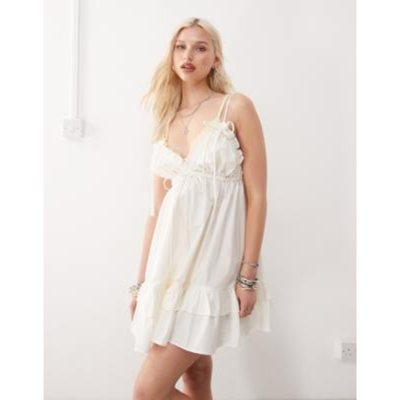COLLUSION volume frill hem cami strap mini dress in white