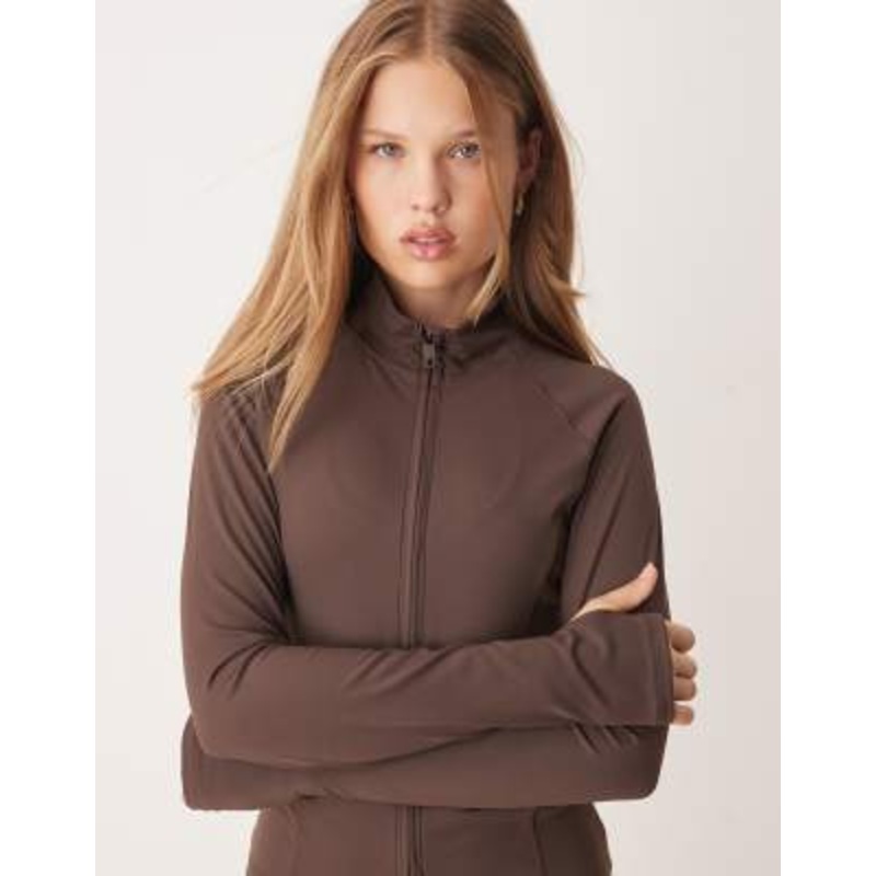 Gina Tricot mix and match yoga sports seamless zip up jacket in dark brown