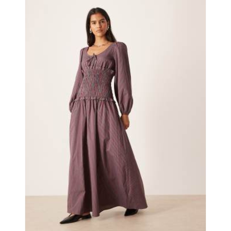 Glamorous round neck drop waist maxi dress with puff sleeve in red/gray stripe