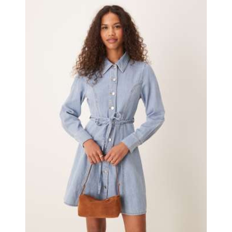 JDY belted denim mini dress in light wash blue